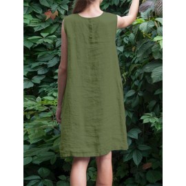 Women Solid Crew Neck Casual Sleeveless Dress With Pocket