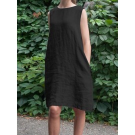 Women Solid Crew Neck Casual Sleeveless Dress With Pocket
