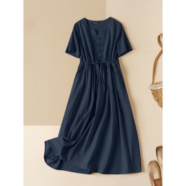 Women Solid Notched Neck Frog Button Drawstring Waist Dress