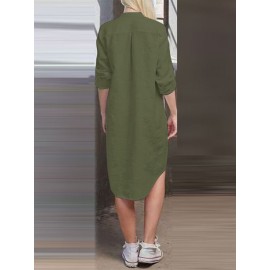 Women Solid Stand Collar Shirt Dress With Sleeve Tabs