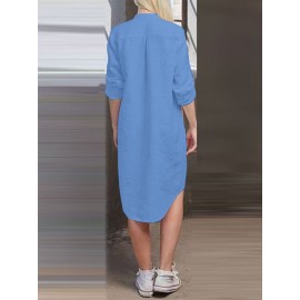 Women Solid Stand Collar Shirt Dress With Sleeve Tabs
