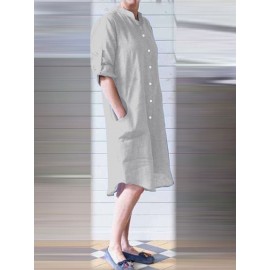 Women Solid Stand Collar Shirt Dress With Sleeve Tabs
