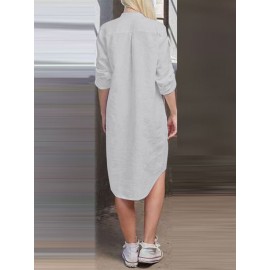 Women Solid Stand Collar Shirt Dress With Sleeve Tabs