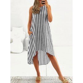 Women Striped Crew Neck High-LowÂ Hem Sleeveless Dress