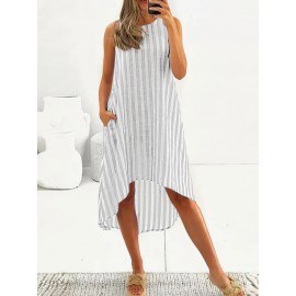 Women Striped Crew Neck High-LowÂ Hem Sleeveless Dress