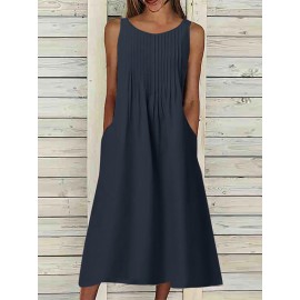 Women Solid Pleated Crew Neck Casual Sleeveless Dress