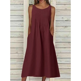 Women Solid Pleated Crew Neck Casual Sleeveless Dress