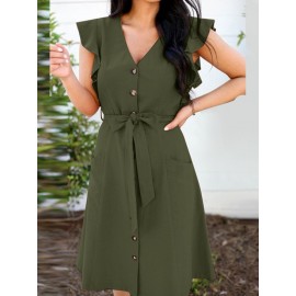 Women Solid Button Front Ruffle Cap Sleeve Dress With Belt