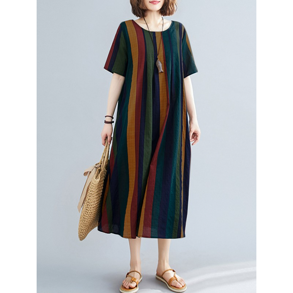 Stripe Short Sleeve Round Neck Casual Midi Dress