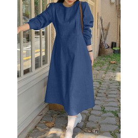 Solid Long Sleeve Casual A-line Denim Dress