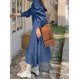 Solid Long Sleeve Casual A-line Denim Dress