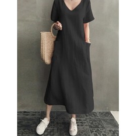 Vintage Short Sleeve V Neck Pockets Dress