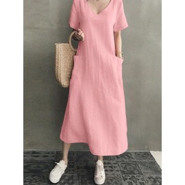 Vintage Short Sleeve V Neck Pockets Dress