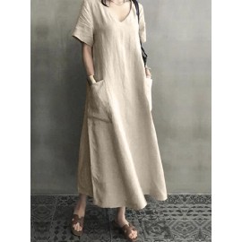 Vintage Short Sleeve V Neck Pockets Dress