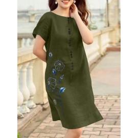 Women Floral Embroidered Crew Neck Casual Short Sleeve Dress