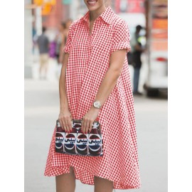 Women Gingham Plaid Lapel Half Button Short Sleeve Shirt Dress