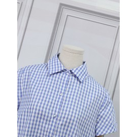 Women Gingham Plaid Lapel Half Button Short Sleeve Shirt Dress