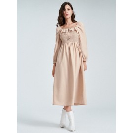 Solid Shirred Tie Front Long Sleeve Square Collar Dress