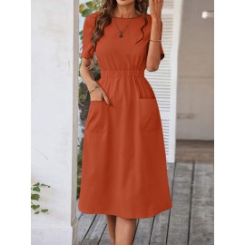Women Solid Double Pocket Casual Short Sleeve Dress