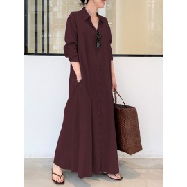 Solid Color Pocket Button Long SLeeve Casual Dress for Women