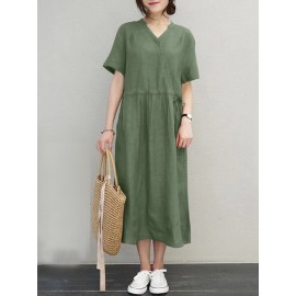 Women Solid Notched Neck Drawstring Waist Short Sleeve Dress