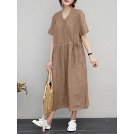 Women Solid Notched Neck Drawstring Waist Short Sleeve Dress
