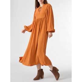 Solid Slit Tie Front Long Sleeve V-neck Casual Dress