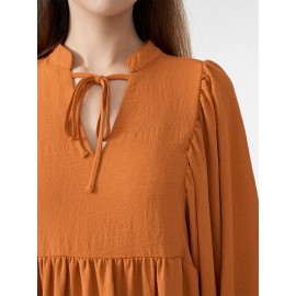 Solid Slit Tie Front Long Sleeve V-neck Casual Dress