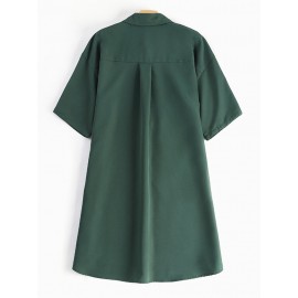 Women Solid Lapel Double Pocket Button Front Shirt Dress