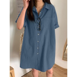 Women Solid Lapel Double Pocket Button Front Shirt Dress