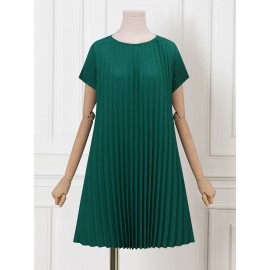 Women Solid Pleated Crew Neck Casual Short Sleeve Dress