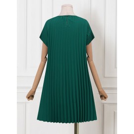 Women Solid Pleated Crew Neck Casual Short Sleeve Dress