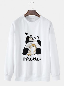 Mens Cartoon Panda Cat Print Crew Neck Pullover Sweatshirts