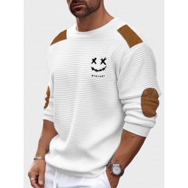 Mens Smile Embroidered Contrast Patchwork Crew Neck Pullover Sweatshirts Winter