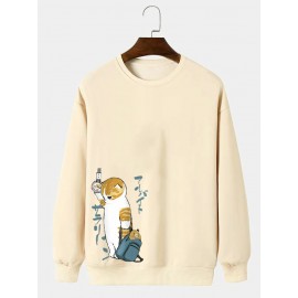 Mens Cute Cat Side Print Crew Neck Pullover Sweatshirts