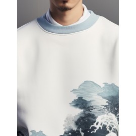 Mens Japanese Wave Ukiyoe Print Crew Neck Pullover Sweatshirts