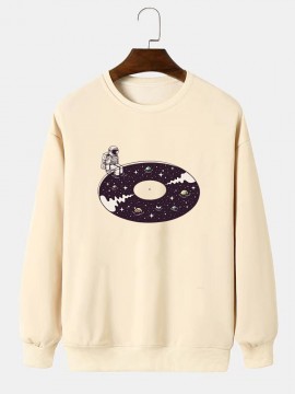 Mens Cartoon Astronaut Planet Print Crew Neck Pullover Sweatshirts
