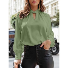 Women Satin Keyhole Neck Plain Casual Long Sleeve Blouse