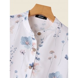 Floral Plant Print Half Button Texture Roll Up Sleeve Shirt
