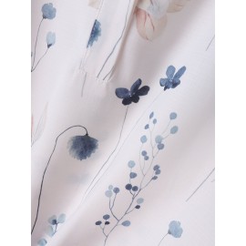 Floral Plant Print Half Button Texture Roll Up Sleeve Shirt