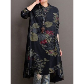 Casual Floral Print Stand Collar Long Sleeve Cotton Blouse