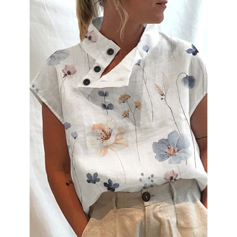 Women Floral Print Button Neck Design Short Sleeve Blouse