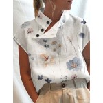 Women Floral Print Button Neck Design Short Sleeve Blouse