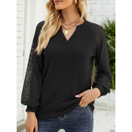 Women Lace Patchwork Knit Notched Neck Long Sleeve Blouse