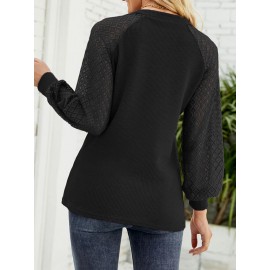 Women Lace Patchwork Knit Notched Neck Long Sleeve Blouse