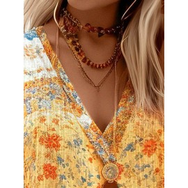 Women Ethnic Vintage Print V-Neck Short Sleeve Blouse