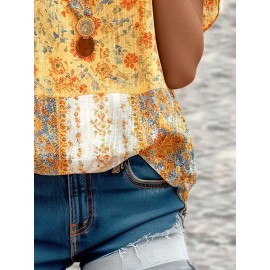 Women Ethnic Vintage Print V-Neck Short Sleeve Blouse