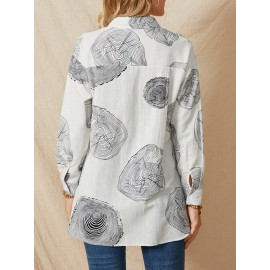 Geometry Print Long Sleeves Casual Loose Blouse With Pockets