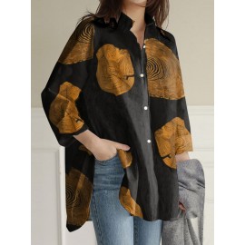 Geometry Print Long Sleeves Casual Loose Blouse With Pockets