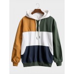 Mens Color Block Patchwork Kangaroo Pocket Loose Drawstring Hoodies Winter